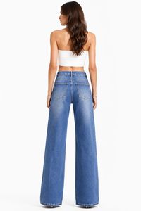 Jeans da Donna a Vita Alta e Gamba Larga con Ricami di Paillettes, Lunghezza Intera, Blu Stonewashed - Product Image 3