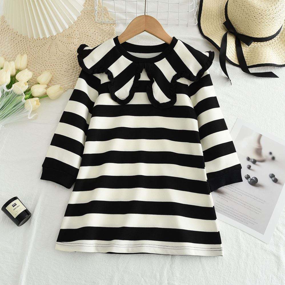 Girls' Lace Large Lapel Dress Autumn Children's Striped Long