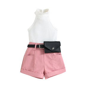 Children's Clothing Girls Clothing Sets Summer New Children's Sleeveless Top Solid Color Pocket Shorts Suit with Side <b>Purse</b> - Product Image 5