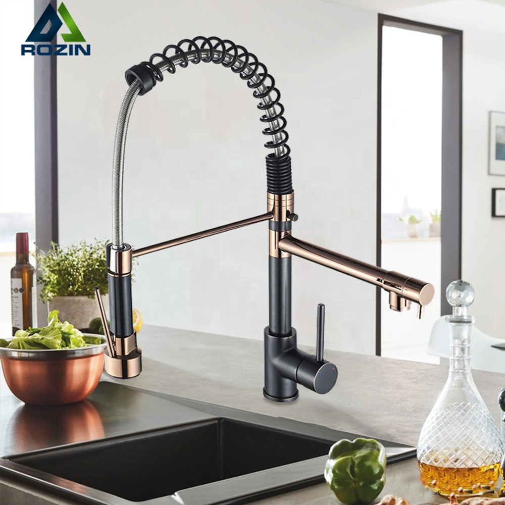 Black And Gold Kitchen Faucet - Single Lever Pull Down Sprayer, Brushed Brass Finish, Ceramic Valve, Deck Mount For Modern Kitchen Sink