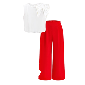 Abiti estivi coreani alla <span class=keywords><strong>moda</strong></span> 2025 con fiocco di perle T Shirt senza maniche pantaloni dritti per bambini 2 pezzi - Product Image 5