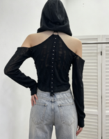 Haut court à capuche Y2K slim pour femme, style gothique, effet brûlé, épaules dénudées, manches longues, avec sangle métallique et rivets, style punk, vente en gros sur mesure