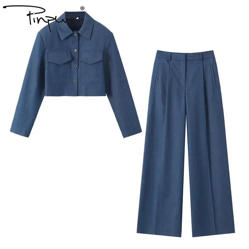 R42027S vente en gros de pantalon taille haute de couleur unie à la mode avec manteau court femmes manteau avec pantalon ensembles de deux pièces