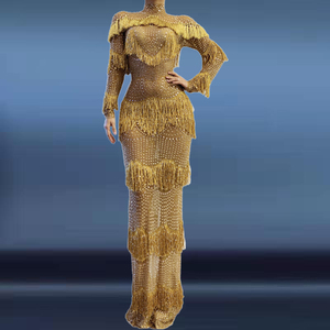 Abito da donna 2020 Elegante abbigliamento da donna diamante nappa collo alto Abito dorato donna festa nuda come Abito Lungo Elegante Curvy - Product Image 5