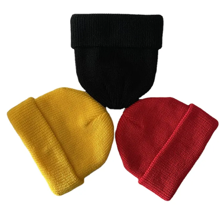 Topi Rajut Kustom Beanie dengan Label Anyaman Topi Jam Tangan Gulung Atas Topi Tengkorak Nelayan Daur Ulang Beanie