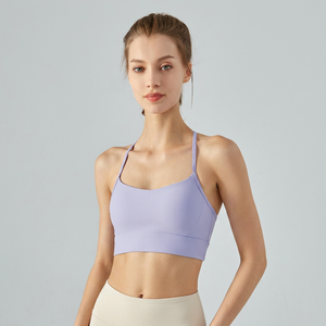 Women Ribbed T-Strap <b>Back</b> Sports Bra Thin Spaghetti Strap Padded Yoga Crop <b>Top</b> Stretch <b>Low</b> Impact Pilates Workout Vest OEM ODM - Product Image 4