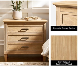 Farmhouse Nightstand Charging Station Pull-Out <strong>Tray</strong> 3 Drawers Solid Wood Legs Wood Veneer <strong>Bedside</strong> <strong>Table</strong> Open - Product Image 4
