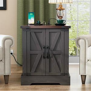 Farmhouse End Table With Charging Station <b>Rustic</b> <b>Wood</b> Nightstand 19.6 In Walnut Sofa Side Table - Product Image 2