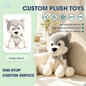 Peluche chiot Husky à collier nœud, gris et blanc, en position assise, adorable peluche pour la décoration de chambre d'enfant, personnalisable OEM ODM - Product Image 1