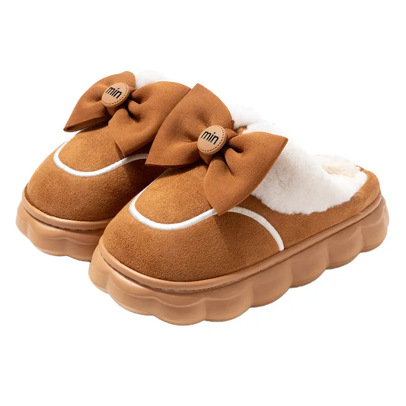 2023 Lovely home thickening bottom comfortable winter warm ladies bow style non-slip plush home cotton slippers