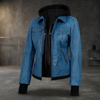 Blouson de moto en cuir de chèvre bleu pour femme avec capuche, fermeture éclair, coupe-vent, manteau d'automne, vente en gros, fournisseur de LOGO personnalisé 2026