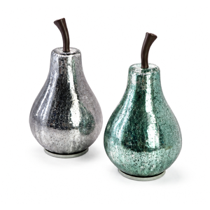 Figura en Forma de <span class=keywords><strong>Pera</strong></span> Plateada y Verde, Electrochapada, Artefacto de Vidrio Soplado a Mano, Efecto Craquelado de Vidrio Mercurizado, Adorno de Mesa - Product Image 1