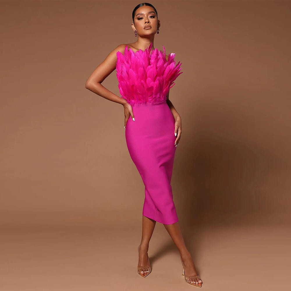 Zyht Dr0144 New Midi Fashion Party Dress Sexy Off Shoulder Women Bodycon Party Gowns For Women Evening Dress With Feather 