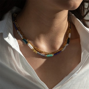 Colliers pour femmes en acier inoxydable, chaîne à maillons superposés, chaîne à perles colorées, bijoux fins et élégants - Product Image 1