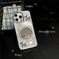 Coque de Téléphone Maquillage Miroir Spécialement Conçue pour Femmes pour iPhone 15 Pro Max 14 13 16 17, Motif Ours Chien Pailleté Strass Housse Arrière