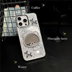 Cover per iPhone 15 Pro Max 14 13 16 17 con Specchio per il Trucco e Design Speciale per Donne, Decorazione Orso Cane Bling con Colla a Goccia - Product Image 3