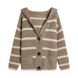 Cárdigan largo holgado con capucha para mujer, suéter informal de manga larga a rayas con decoración de botones para invierno, superventas - Product Image 1
