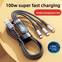 Câble de charge super rapide 100W trois-en-un avec connecteur Type-C pour téléphones mobiles, voyant lumineux