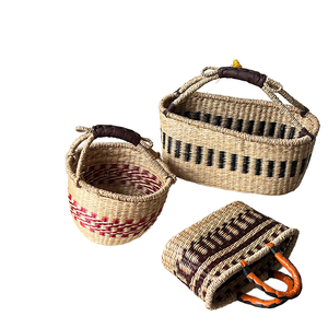 Paniers de rangement en jonc de mer naturel tressés à la main avec poignées, forme ovale, style art populaire, ensemble de paniers multi-usages pour l'organisation - Product Image 1