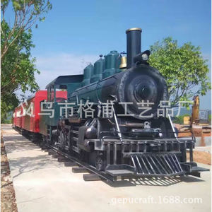 Escultura artesanal de locomotora de vapor y vagones de metal para exteriores, diseño industrial, montaje en suelo, pieza única - Product Image 2