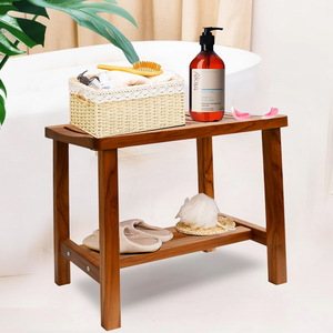 Tabouret de salle de bain en bois, banc de rangement épaissi pour la douche et le changement de chaussures, avec étagère inférieure, couleur bambou - Product Image 1