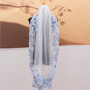 LUOXIN إكسسوارات خطوبة زفاف فاتح دانتيل أزرق زهرة طبقة واحدة لؤلؤ الحجاب الزفاف مع مشط الشعر - Product Image 1