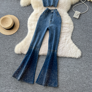Conjuntos básicos de verano para <span class=keywords><strong>mujer</strong></span>, Top de tubo sin mangas y pantalones de mezclilla de cintura alta, conjunto de Ropa al por mayor - Product Image 3