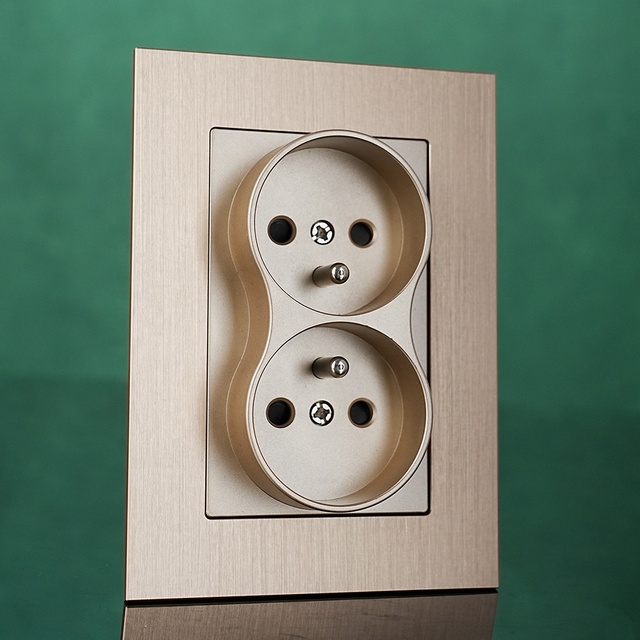 EU Standard 16A Double French Socket Wall Mounted Power Socket Outlet Brushed Aluminum Panel 2 Gang Outlets 220-250V