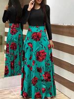 Robe Maxi pour Femme Style Européen à Manches Longues, Col Rond, Imprimé Floral, Extensible, Patchwork Simple, Grande Taille