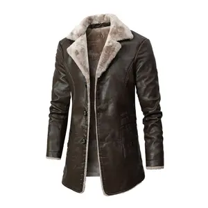 Veste mi-longue en cuir PU personnalisée pour homme avec grand revers en velours Veste en cuir en peau de mouton pour homme