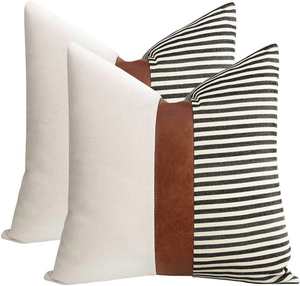 Modern Tan Accent Farmhouse Decor Stripe <b>Patchwork</b> Faux Leather Linen <b>Throw</b> Pillow Covers - Product Image 2