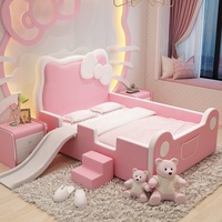 Camas Modernas de Madera con Diseño de Hello Kitty para Dormitorio Infantil de Niñas con Tobogán y Escaleras