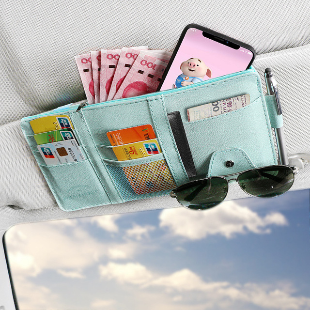 Durable Leather Multi-Pocket Car Sun Visor Organizer Waterproof PU Leather ID/Receipt Organizer for Car Interior Accessories