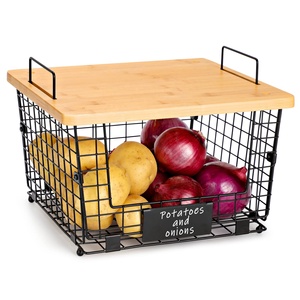 Panier de rangement pour comptoir de cuisine, organisateur de placard, panier empilable avec plateau en bambou - Product Image 1