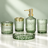 Ensemble de 5 accessoires de salle de bain en verre trempé, finition cristal : distributeur de savon, porte-brosse à dents, gobelet, pot de rangement, pour vanité