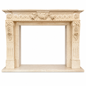 Chimenea tradicional de mármol con tallado ornamentado, de mármol beige Galala, para interiores, con estufa de leña para comedor. - Product Image 2