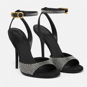 Xinzirain personnalisé nouveauté été sandales Femme sandales en cuir noir à bout ouvert strass bride à la cheville talon mince Slingbacks - Product Image 1