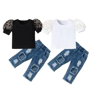 Летний Модный комплект одежды для маленьких девочек с коротким рукавом, черная футболка, топы, джинсовые длинные брюки, комплект одежды