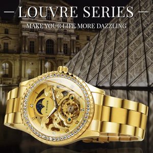 WINNER Tourbillon Montre de luxe pour hommes Crystal Case Squelette Gravé Phase de Lune Cadran Mécanique Bracelet en acier inoxydable relogio - Product Image 3