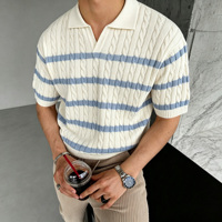 Pull en tricot torsadé rayé pour homme, manches courtes, col en V, coton, style décontracté, respirant, style preppy, printemps