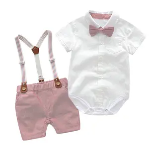 Recién llegado, ropa de algodón de estilo británico para niños, ropa de verano para bebés, Pelele de manga corta, camisa, pantalones cortos con tirantes, conjuntos de traje