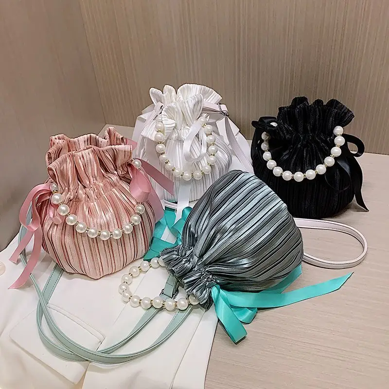 Newest Pearl Vintage Bucket Ladies Handbags Draw String Women Bags Shoulder Crossbody Purses Fashion Designer Handbags
