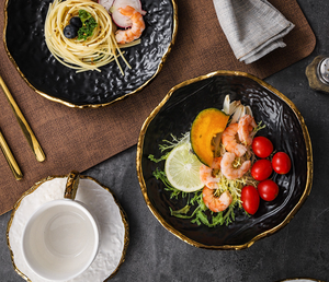 Vajilla de cerámica de lujo con textura martillada, en negro, blanco y dorado, juego de platos, tazones y tazas de porcelana para restaurante, hotel, boda, regalo. - Product Image 6