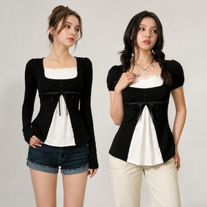 Blusa de verano informal y bonita para mujer, talla grande, negra, con cuello cuadrado, bloques de color, volantes, lazo en la manga y corte holgado en A. - Product Image 1