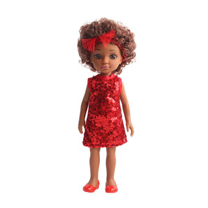 Poupées en vinyle PVC personnalisées de 13 pouces, entièrement en vinyle noir, avec cheveux courts bouclés, jupe courte rouge brillante et chaussures rouges, pour que les filles puissent jouer. - Product Image 1