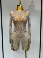 Nouvelle combinaison sexy en strass pour femme, combinaison en maille transparente scintillante, tenue de scène, danse, boîte de nuit, soirée