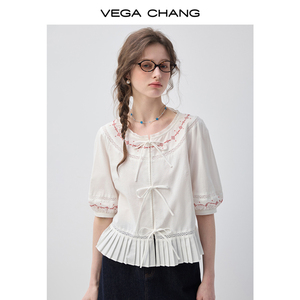 VEGA CHANG Camicetta <span class=keywords><strong>Bianca</strong></span> e Rossa Ricamata per Donne, Dettaglio Fiocco, Maniche a Sbuffo, Orlo Plissettato, Collo Tondo, Top Casual - Product Image 2