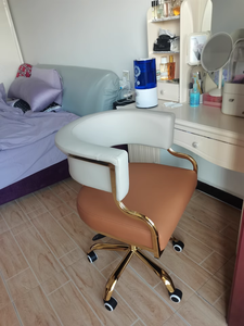 Sillón de Comedor Moderno, Simple y de Lujo para Salón de Uñas, Tapizado en Cuero con Detalles Metálicos Dorados, con Ruedas, en Venta - Product Image 4