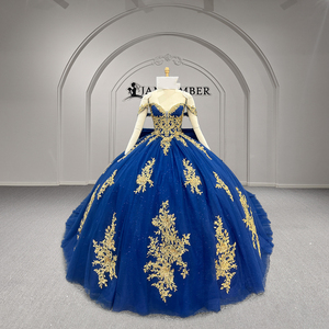 Xy003 Robe de bal de Quinceañera bleue brillante vintage longue avec appliques dorées, dentelle, perles et traîne chapelle, style princesse - Product Image 4