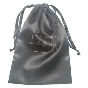 Wholesale Customized Small Dust Silk Satin Bag Hair Wig Extension Black Drawstring Satin Pouch